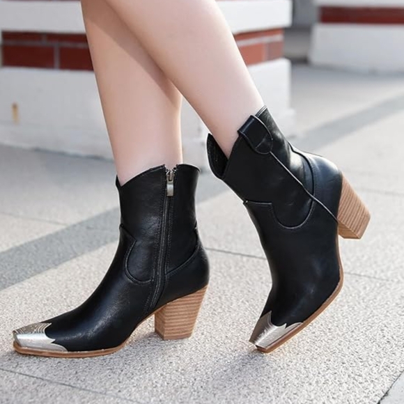 Black Western Metal Toe Ankle Boots Cowgirl Stacked Heel. Size 7 - Picture 4 of 16